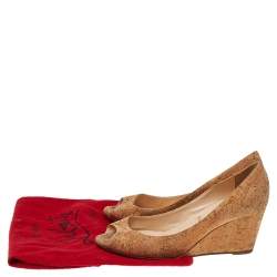 Pre Owned Christian Louboutin Beige Cork Materna Zeppa Wedge Peep Toe Pumps Size 37.5