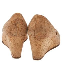 Pre Owned Christian Louboutin Beige Cork Materna Zeppa Wedge Peep Toe Pumps Size 37.5
