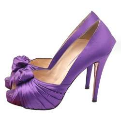 Christian Louboutin Purple Satin Knotted Greissimo Platform Peep Toe Pumps Size 38