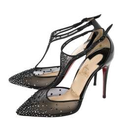 Pre Owned Christian Louboutin Black Patent Leather and Mesh Salopatina Pumps Size 36