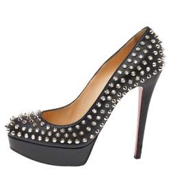 Pre Owned Christian Louboutin Black Leather Spikes Platform Pumps Size 39.5