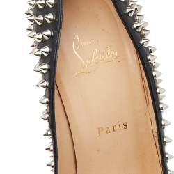Pre Owned Christian Louboutin Black Leather Spikes Platform Pumps Size 39.5