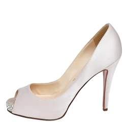 Pre Owned Christian Louboutin Pink Satin Crystal Embellished Peep Toe Platform Pumps Size 38