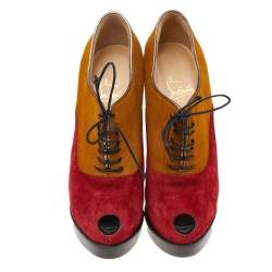 Christian Louboutin Yellow/Red Pony Hair And Suede Miss Poppins Peep Toe Platform Booties Size 36.5