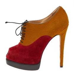 Christian Louboutin Yellow/Red Pony Hair And Suede Miss Poppins Peep Toe Platform Booties Size 36.5