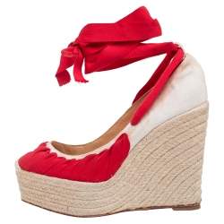 مملوكة مسبقًا صندل كريستيان لوبوتان ابيزا كانفاس أحمر/كريمي كعب روكي إسبادريل مقاس 38