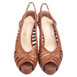 مملوكة مسبقًا Christian Louboutin Tan Leather Buchon Strappy Platform Sandals Size 39