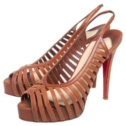 مملوكة مسبقًا Christian Louboutin Tan Leather Buchon Strappy Platform Sandals Size 39