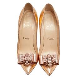 Pre Owned Christian Louboutin Gold Python Embossed Leather Metal Nodo Bow Pigalle Pumps Size 36.5