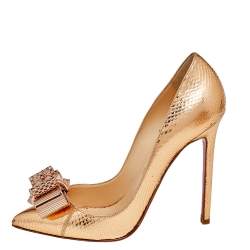 Pre Owned Christian Louboutin Gold Python Embossed Leather Metal Nodo Bow Pigalle Pumps Size 36.5