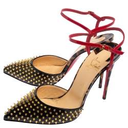 مملوكة مسبقًا صندل كريستيان لوبوتان بايلا جلد أسود لامع مرصع سبايك سير كاحل مقاس 39