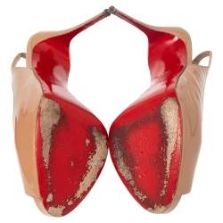 Pre Owned Christian Louboutin Beige Patent Leather Prive Peep Toe Platform Slingback Sandals Size 39.5