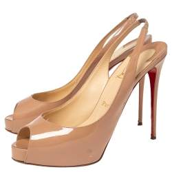 Pre Owned Christian Louboutin Beige Patent Leather Prive Peep Toe Platform Slingback Sandals Size 39.5