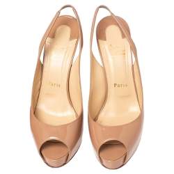 Pre Owned Christian Louboutin Beige Patent Leather Prive Peep Toe Platform Slingback Sandals Size 39.5