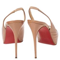 Pre Owned Christian Louboutin Beige Patent Leather Prive Peep Toe Platform Slingback Sandals Size 39.5
