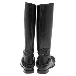 Pre Owned Christian Louboutin Black Leather Egoutina Spiked Cap Toe Knee Length Boots Size 36