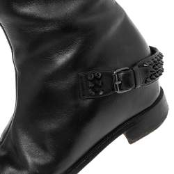 Pre Owned Christian Louboutin Black Leather Egoutina Spiked Cap Toe Knee Length Boots Size 36