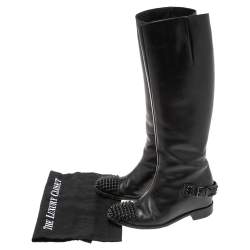 Pre Owned Christian Louboutin Black Leather Egoutina Spiked Cap Toe Knee Length Boots Size 36