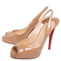 Christian Louboutin Beige  Patent Leather Private Number Peep Toe Sling Back Pumps Size 39.5