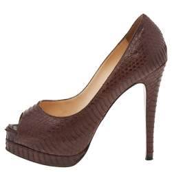 Christian Louboutin Brown Python Embossed Leather Peep Toe Pumps Size 36.5