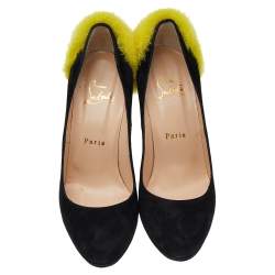 Pre Owned Christian Louboutin Black/Yellow Suede And Fur Achilda Pumps Size 36