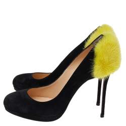 Pre Owned Christian Louboutin Black/Yellow Suede And Fur Achilda Pumps Size 36