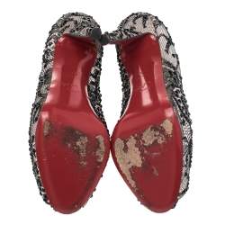 Pre Owned Christian Louboutin Black Strass Lace Very Prive Peep Toe Platform Pumps Size 37.5