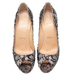 Pre Owned Christian Louboutin Black Strass Lace Very Prive Peep Toe Platform Pumps Size 37.5