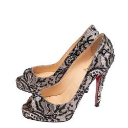 Pre Owned Christian Louboutin Black Strass Lace Very Prive Peep Toe Platform Pumps Size 37.5