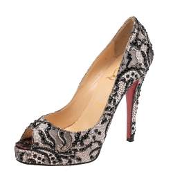 Pre Owned Christian Louboutin Black Strass Lace Very Prive Peep Toe Platform Pumps Size 37.5