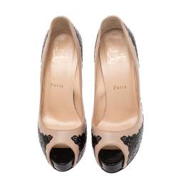 Pre Owned Christian Louboutin Two Tone Laser Cut Lace Patent And Leather Veramucha Peep Toe Pumps Size 37