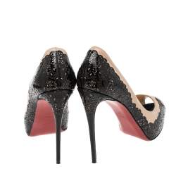 Pre Owned Christian Louboutin Two Tone Laser Cut Lace Patent And Leather Veramucha Peep Toe Pumps Size 37