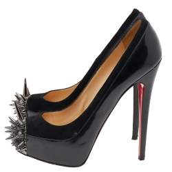 Pre Owned Christian Louboutin Black Patent Leather And Suede Asteroid Platform Pumps Size 38
