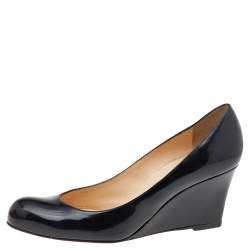 Pre Owned Christian Louboutin Black Patent Leather RonRon Zeppa Wedge Pumps Size 39.5