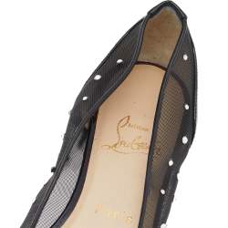 مملوكة مسبقًا حذاء باليرينا فلات كريستيان لوبوتان فولي شبكة أسود وجل لامع مقدمة مدببة مقاس 37.5