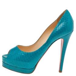 Christian Louboutin Turquoise Blue Python Leather Peep Toe Platform Pumps Size 38