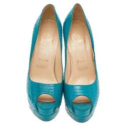 Christian Louboutin Turquoise Blue Python Leather Peep Toe Platform Pumps Size 38