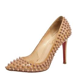 Christian Louboutin Beige Patent Leather Pigalle Spikes Pointed Toe Pumps Size 38