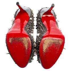 Pre Owned Christian Louboutin Metallic Silver Spike Embellished Lady Peep Toe Platform Pumps Size 37.5