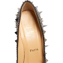 Pre Owned Christian Louboutin Metallic Silver Spike Embellished Lady Peep Toe Platform Pumps Size 37.5