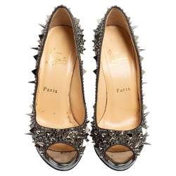 Pre Owned Christian Louboutin Metallic Silver Spike Embellished Lady Peep Toe Platform Pumps Size 37.5