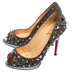 Pre Owned Christian Louboutin Metallic Silver Spike Embellished Lady Peep Toe Platform Pumps Size 37.5