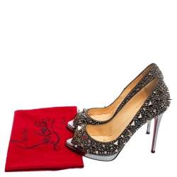 Pre Owned Christian Louboutin Metallic Silver Spike Embellished Lady Peep Toe Platform Pumps Size 37.5