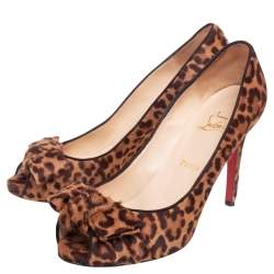 Christian Louboutin Brown Animal Print Calf Hair Knotted Peep Toe Pumps Size 39