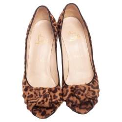 Christian Louboutin Brown Animal Print Calf Hair Knotted Peep Toe Pumps Size 39