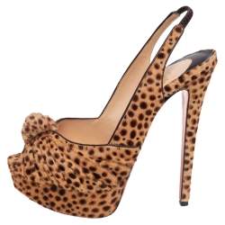 Pre Owned Christian Louboutin Brown Leopard Print Calf Hair Jenny Slingback Pumps Size 37.5