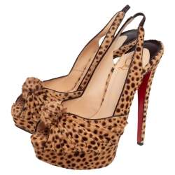 Pre Owned Christian Louboutin Brown Leopard Print Calf Hair Jenny Slingback Pumps Size 37.5
