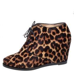 Christian Louboutin Brown Leopard Print Calf Hair Lady Schuss Wedge Ankle Boots Size 38