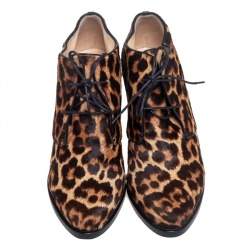 Christian Louboutin Brown Leopard Print Calf Hair Lady Schuss Wedge Ankle Boots Size 38