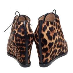 Christian Louboutin Brown Leopard Print Calf Hair Lady Schuss Wedge Ankle Boots Size 38